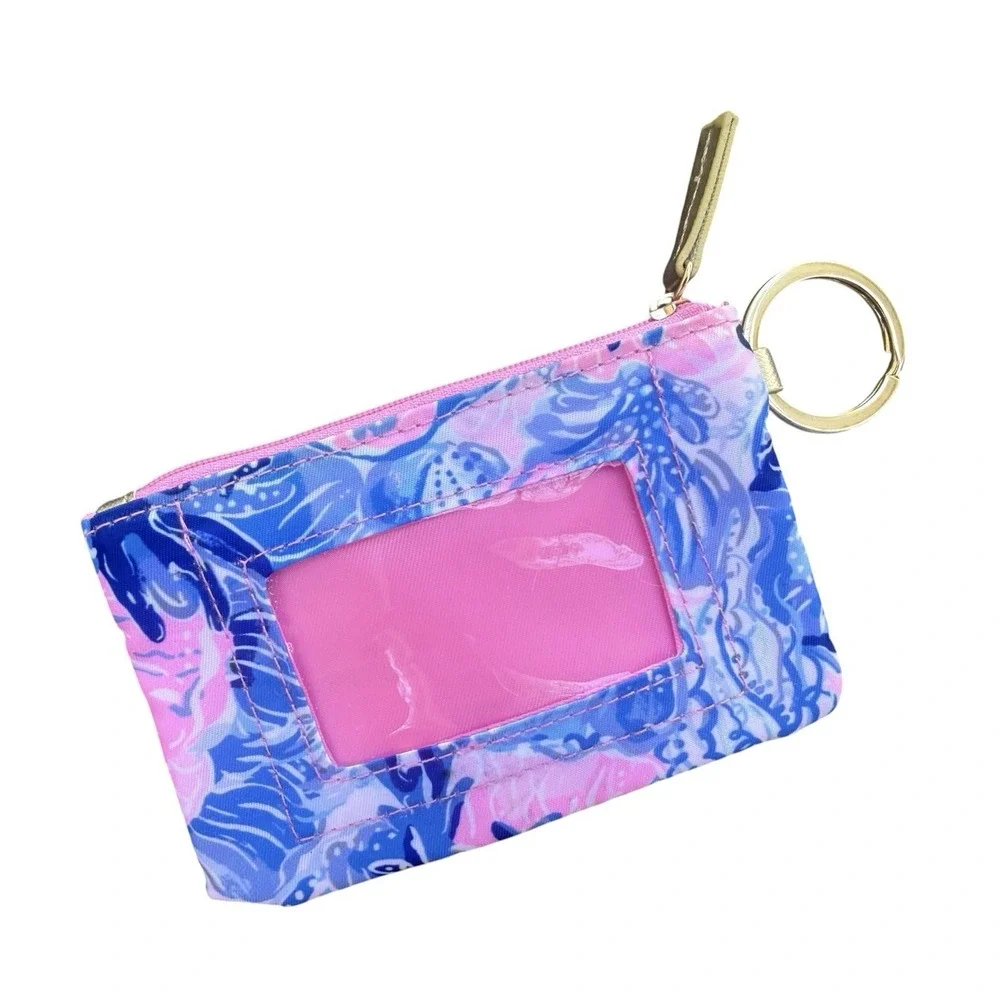 Lilly Pulitzer Zip ID Case Keychain Wallet Card Holder Blue Pink Print Gold Tone